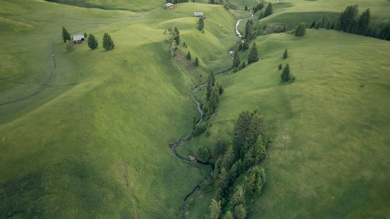 Von Dorf zu Dorf Grüne Hügel mit einem kleinen Bach und verstreuten Bäumen und Häusern