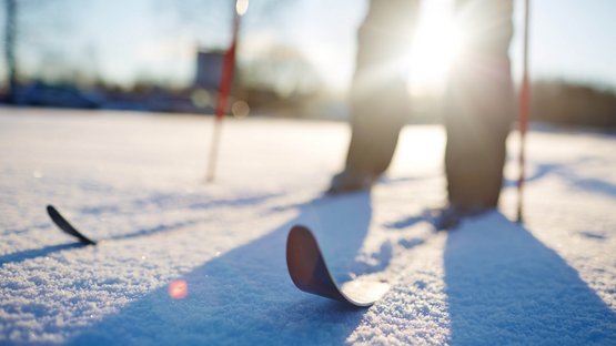 Iselloipe Prägraten a. G. - Hinterbichl Skifahrer auf verschneiter Fläche bei Sonnenlicht