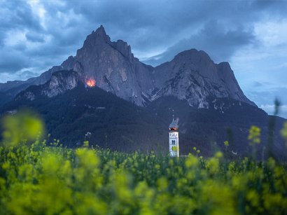 Transumanza in Alto Adige: un’importante tradizione Campo di fiori davanti a montagna e torre campanaria con cielo nuvoloso alla sera