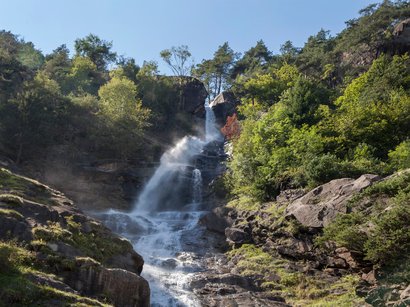 L‘Epifania Cascata in zona montuosa rocciosa con alberi e cielo sereno